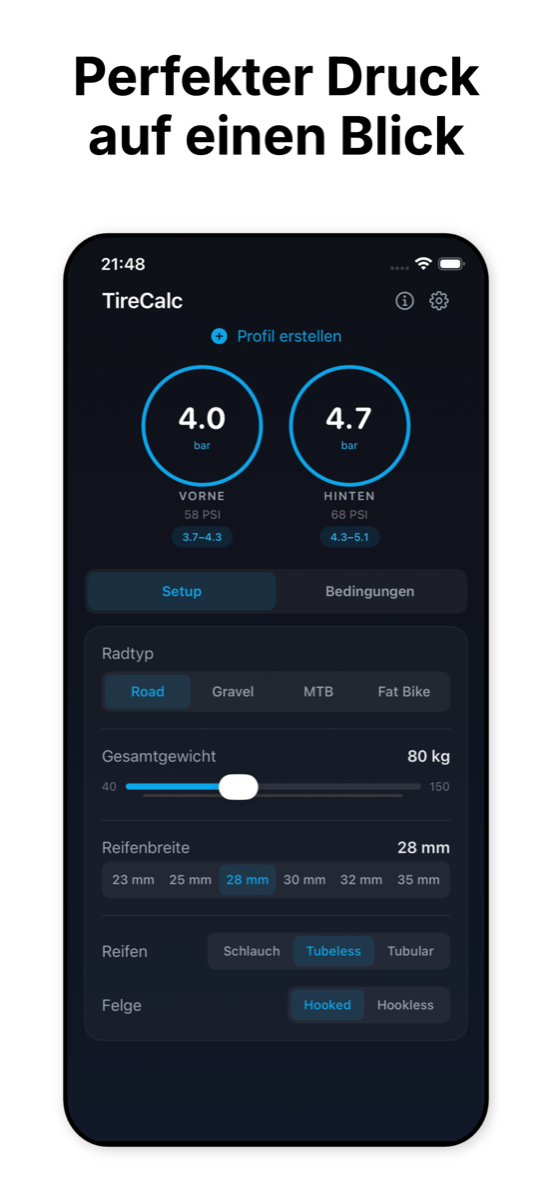 TireCalc Hauptbildschirm mit Druckberechnung