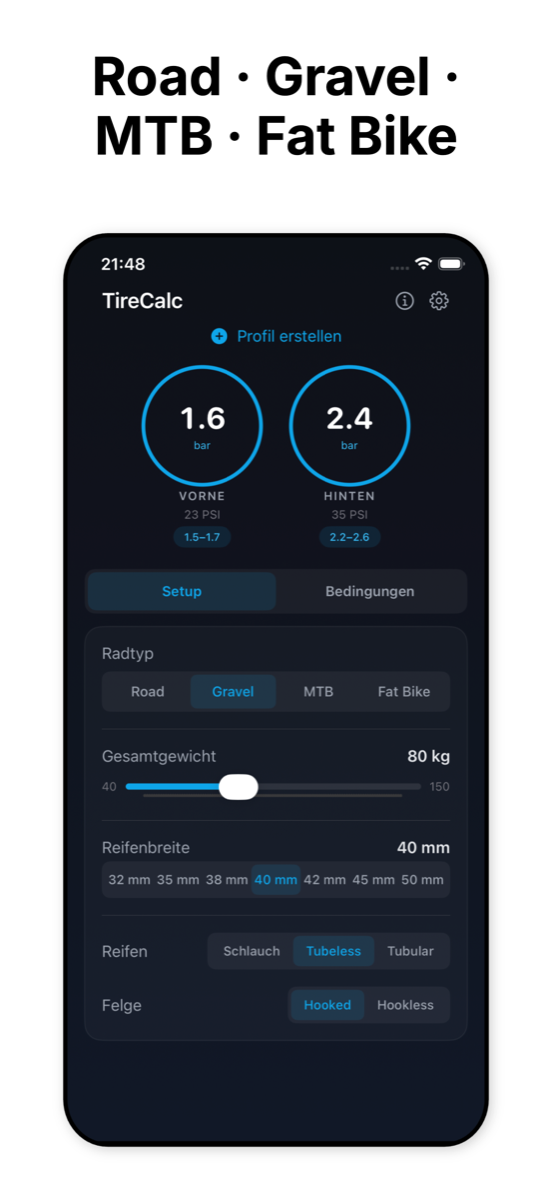 Verschiedene Radtypen: Road, Gravel, MTB, Fat Bike