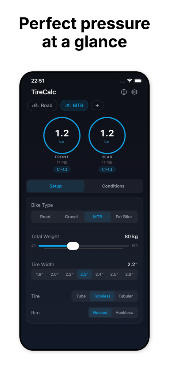 TireCalc main screen with pressure calculation