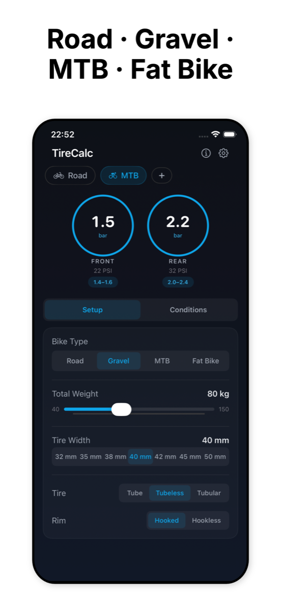 Different bike types: Road, Gravel, MTB, Fat Bike
